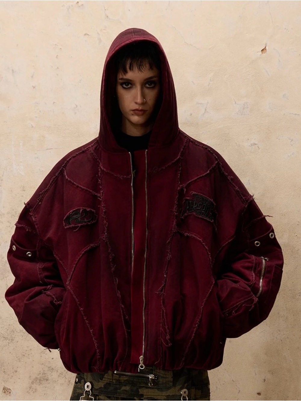 Oversized Hooded Bomber Jacket in Deep Burgundy